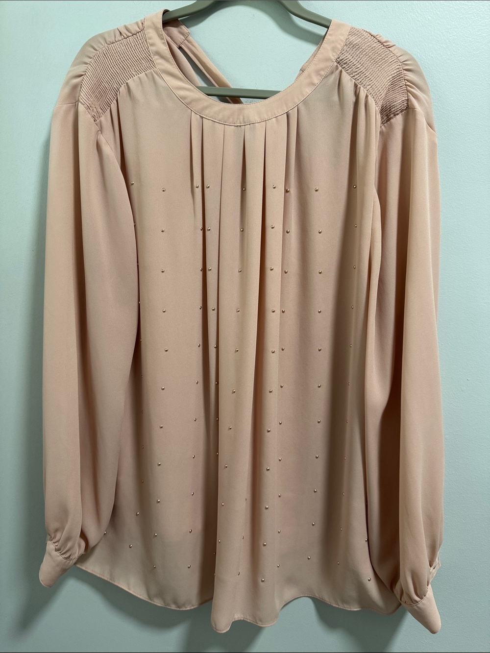 Worthington Long Sleeve Pleated Blouse with Gold Stud Detail - Blush Pink